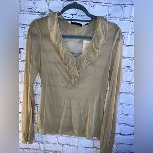 New York & Company Sheer Taupe Ruffled Long Sleeve Blouse